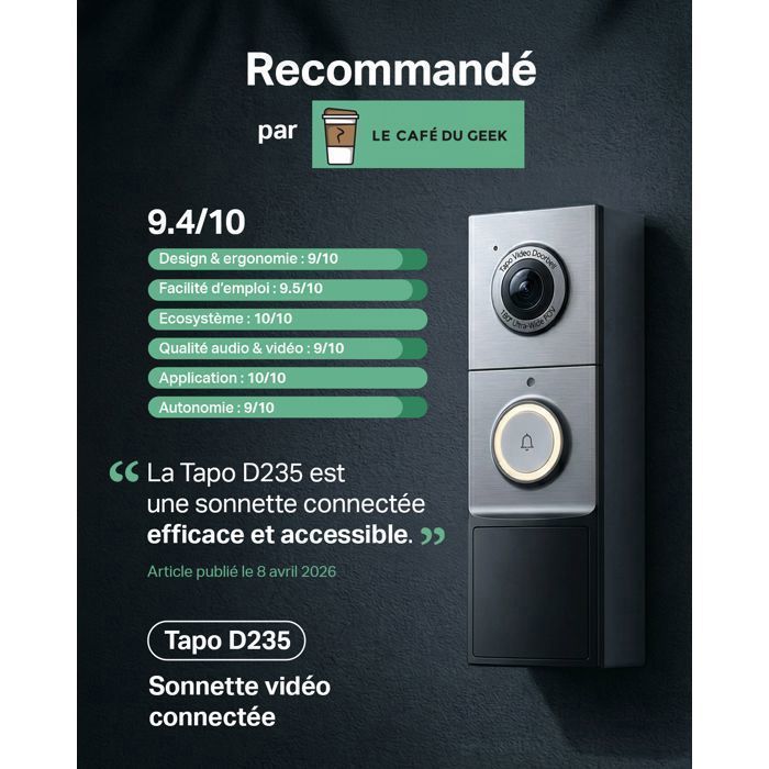 Caméra de sonnette - TP-LINK - Tapo D235 - 2K 5MP - Vision nocturne couleur - Audio bidirectionnel