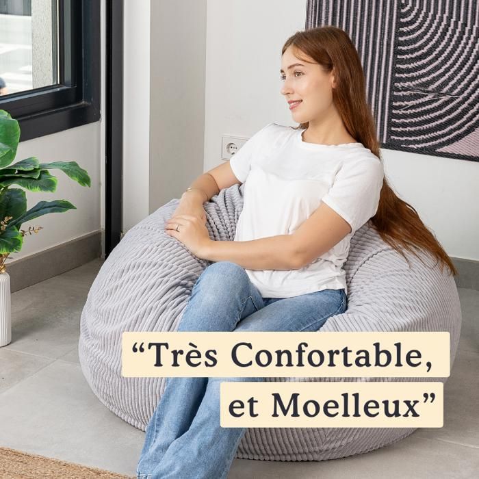 Poltrona a sacco sfoderabile in velluto a coste - 105x85 cm - Bananair - Grigio chiaro - Made in France