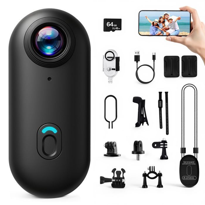 Mini videocamera sportiva da 64 GB, registrazione video 1080p con audio e video, morsetto magnetico a 360°, action cam multifunzionale grandangolare a 120°
