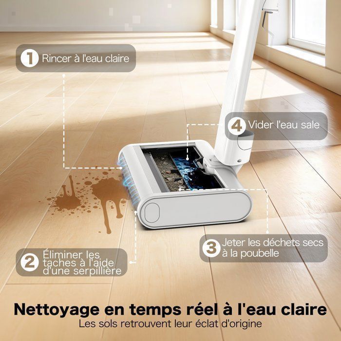 AIRROBO FC10  Balai Laveur Sans Fil,,Anti-enchevêtrement des CheveuxSec Et Humide,45 minute,Poids Léger de 2,3kg,Écran LED