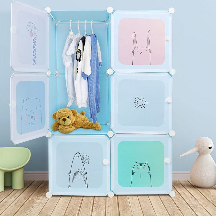 SUPFINE Armoire Chambre d'enfant en PP, 3 niveaux, Armoire Modulable avec 1 Tringle à vêtements, DIY, 74 × 37 × 110 cm, Bleu
