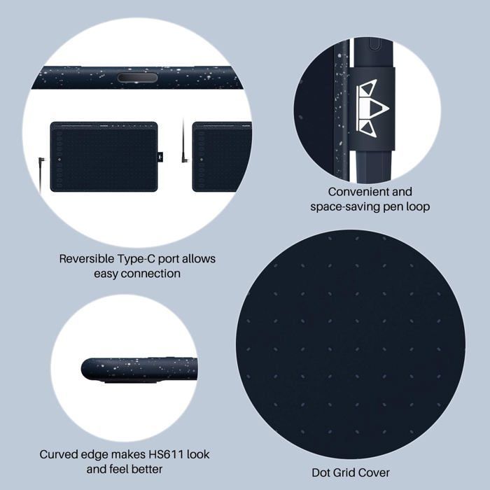 HS611 (Blu Stellare) Tavoletta grafica con funzione di inclinazione, compatibile con Android e dotata di 8 tasti multimediali.