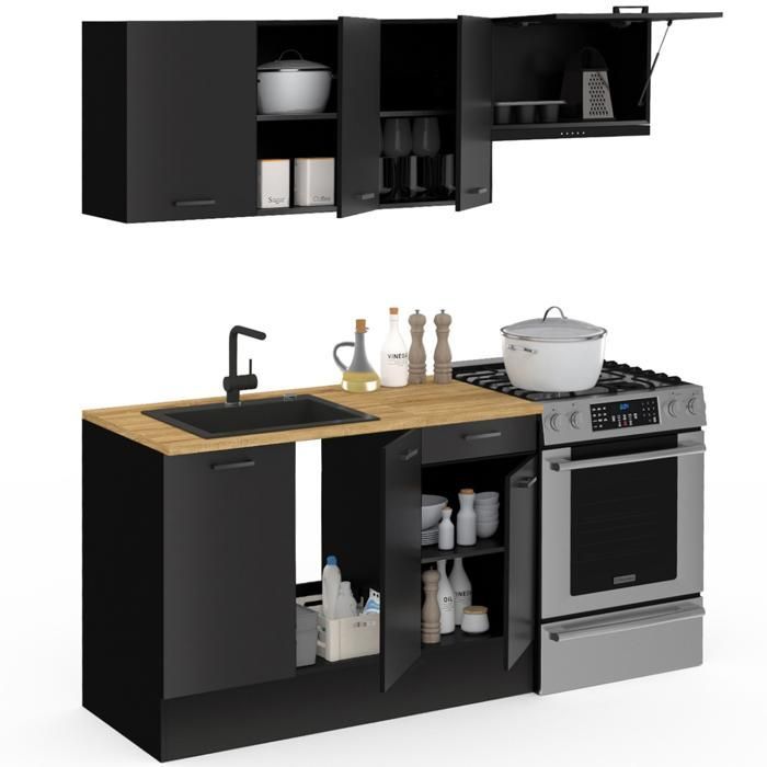 Cocina completa IDMARKET SUBTIL de 180 cm con encimera negra de 5 pulgadas y estantes de madera.