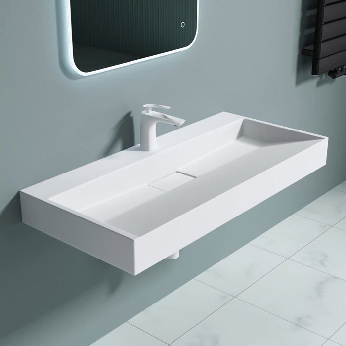 Lavabo mural Doporro con desagüe, lavabo de encimera, blanco mate, 100x46x11cm, lavabo rectangular con orificio para taladrar, Colossum19