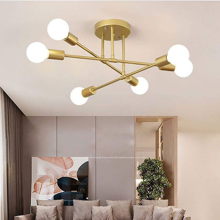 Lámpara de techo industrial DELIPOP, 6 bombillas E27, iluminación de techo metálica, lámpara de techo retro para sala de estar, cocina, dormitorio - Dorado