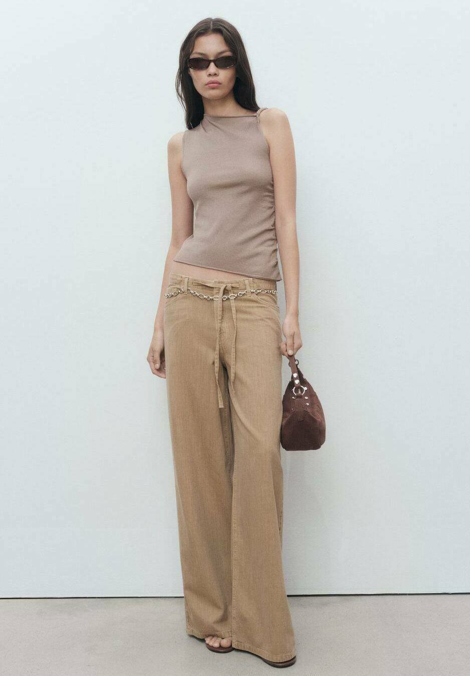 Pantaloni Mango WIDE WITH BELT - color sabbia