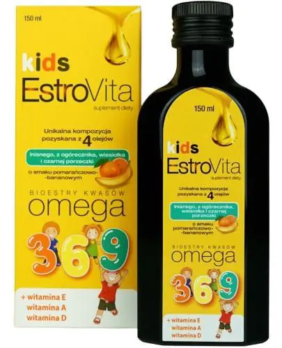 EstroVita Kids, Bioestry kwasów Omega 3-6-9, Płyn o smaku pomarańczowo-bananowym