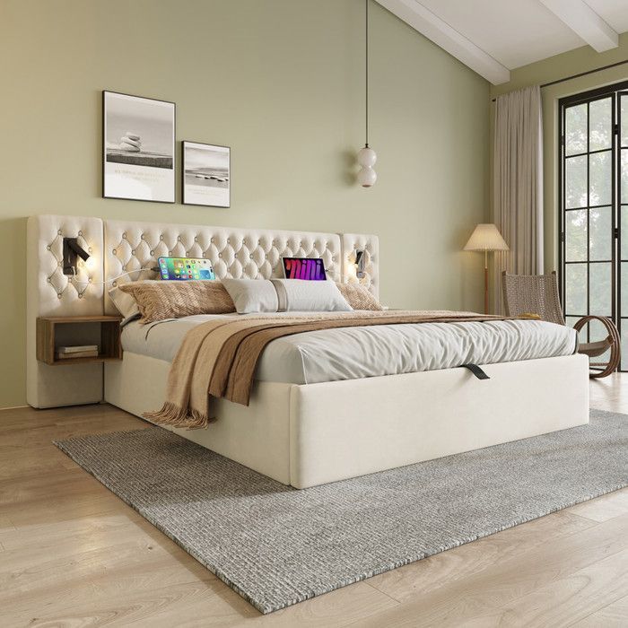 Conjunto de quarto - Veludo bege - Cama de casal 160x200 cm - Armário hidráulico - USB