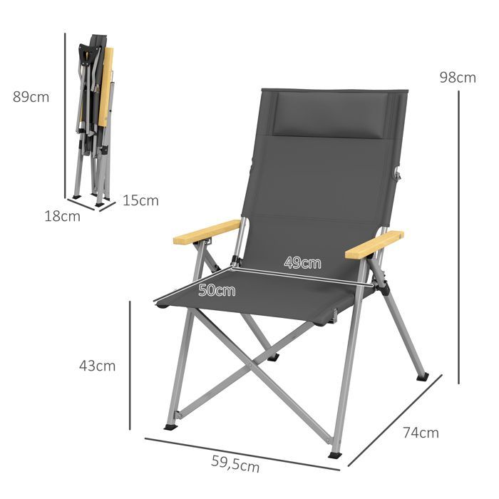 Campingstol - Outsunny - foldbar og bærbar - justerbar ryglæn, polstret nakkestøtte, lomme - 74 x 59,5 x 98 cm - mørkegrå