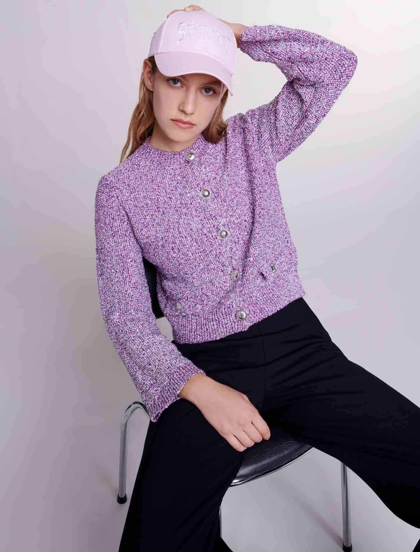 Cardigan tricotat cu paiete - Roz fucsia
