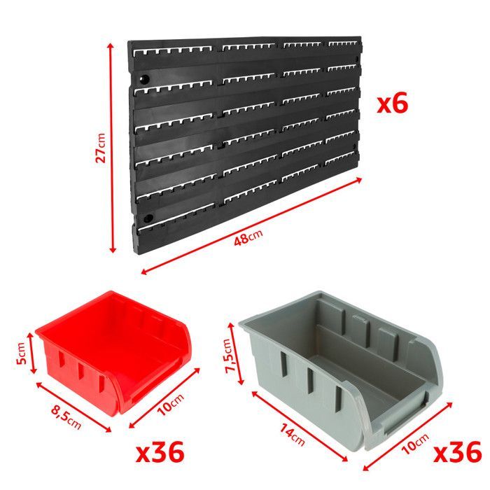 Prateleira de parede para ferramentas - 72 caixas de armazenamento empilháveis - 6 painéis 47,5 x 27,2 x 1,5 cm - Armazenamento para oficina/garagem