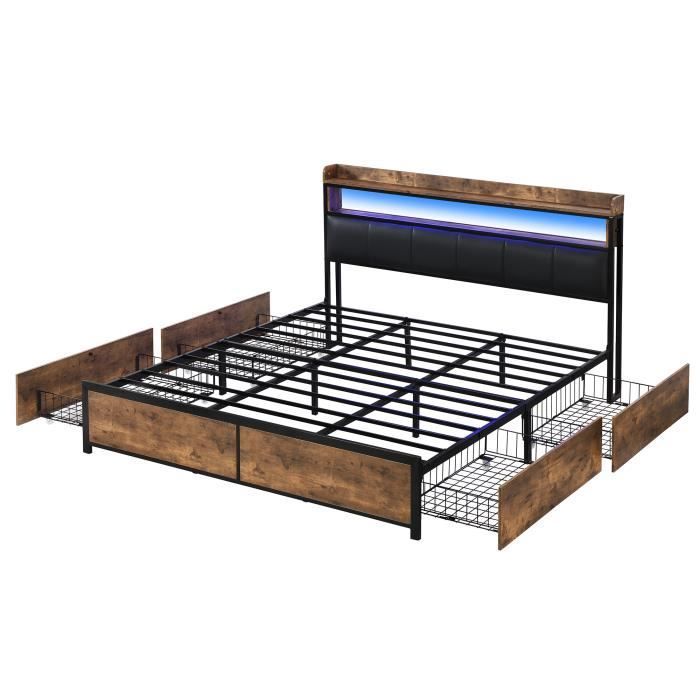 Cama - PERGAR - 180x200 cm - Tapizada con LED - 4 cajones - Negra