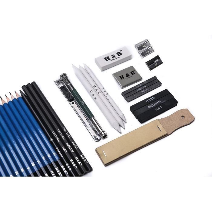 H&B Sketch Pencils Set Kit de dessin d'artistes dans un étui à fermeture à glissière avec un tampon à croquis, (33Piece )