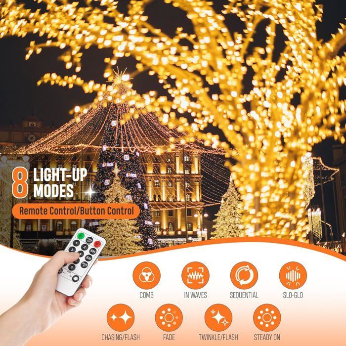 Guirlande Lumineuse Intérieur Extérieur Led 25M-200 Led Avec Télécommande Et Minuterie,8 Modes D'Éclairage Étanche Ip44,Blanc Chaud