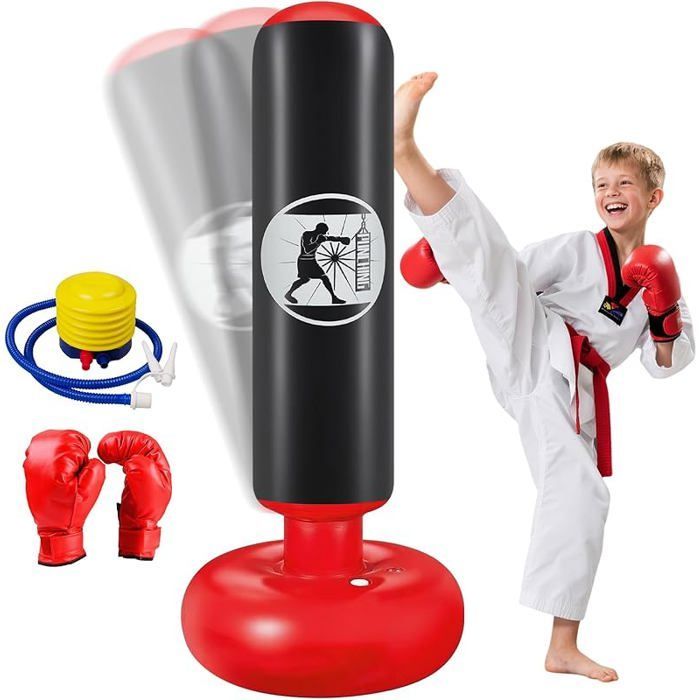 Saco de boxeo inflable independiente para niños de 160 cm con bomba de aire y guantes de boxeo, color negro. Set de regalo.