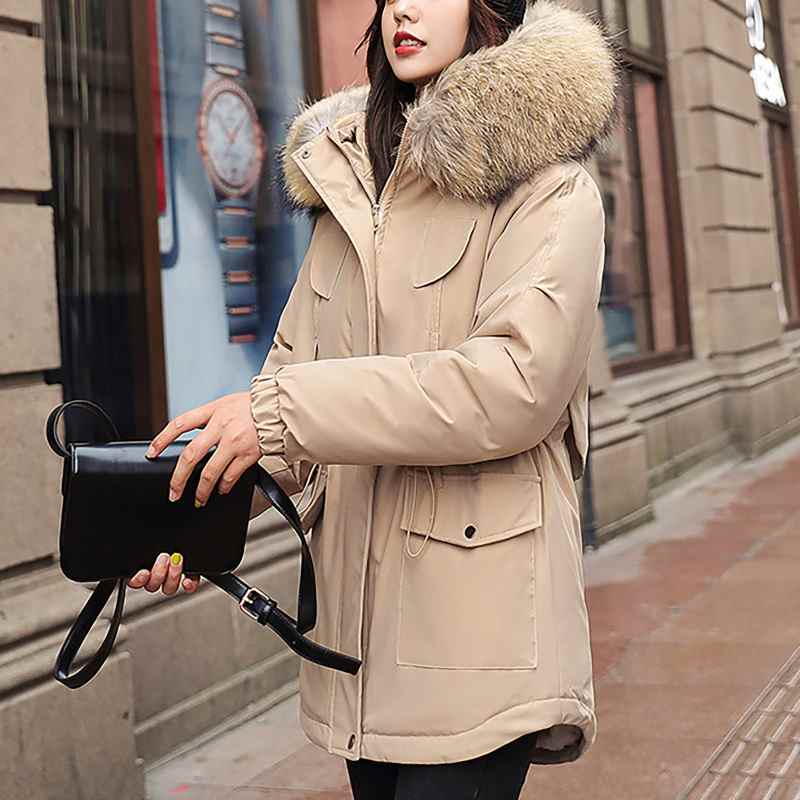 Parka con cappuccio e collo in pelliccia, parka casual da donna, cappotto invernale con scollo a V, maniche lunghe, bottoni, tasca e cerniera.