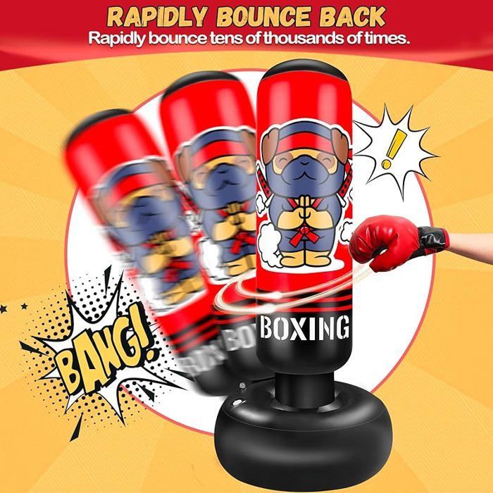Saco de boxeo infantil de 165 cm, inflable, con guantes de boxeo. Regalo para niños y niñas. NINJA DOG.