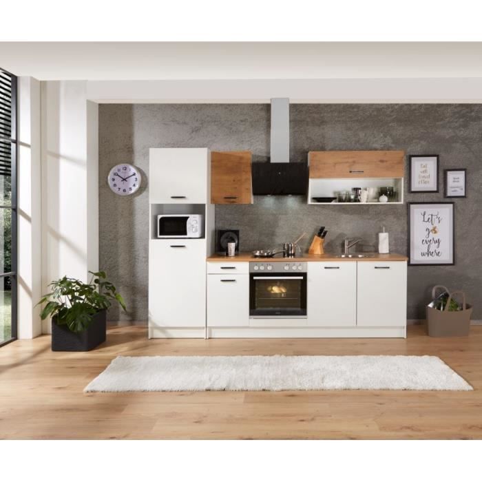 PREGO Complete Kitchen - 263 cm Wide - White and Oak Finish - 203 cm Worktop Included