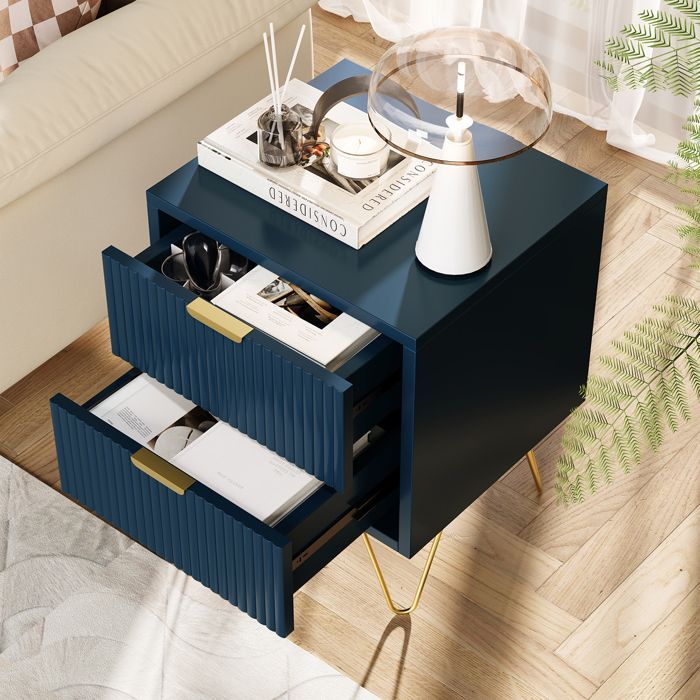 Mesa de cabeceira - LUMINARIX - 2 gavetas - Azul escuro - Metal dourado - Moderna