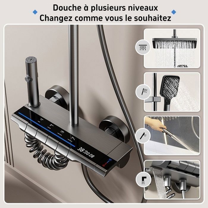 Thermostatic Shower Column for Bathroom, 4-Jet Shower Head, Height-Adjustable Rain Shower, LED Display