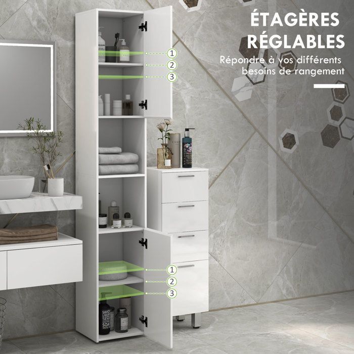 kleankin - Meuble colonne de salle de bain - Panneau de particules - 30x30x181.5cm - Blanc