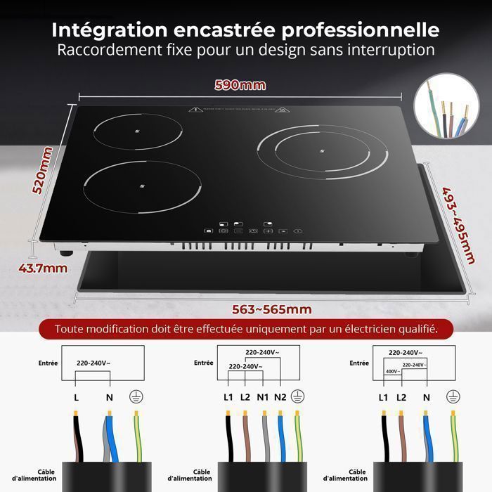 Plaque Vitrocéramique 3 Foyers Encastrable,Plaque de Cuisson,Table de Cuisson 59 cm, 5200W, 9 Niveaux de Puissance, Minuteur Intégré