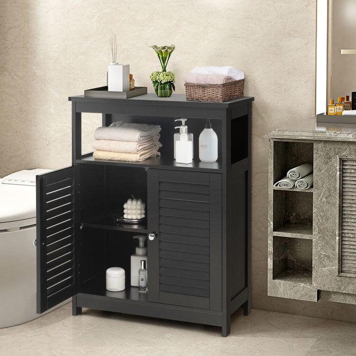 COSTWAY Meuble de Rangement pour Salle de Bain en Bois avec Placard 2 Portes à Volet Etagère Réglable pour Salle de Bain Salon Noir