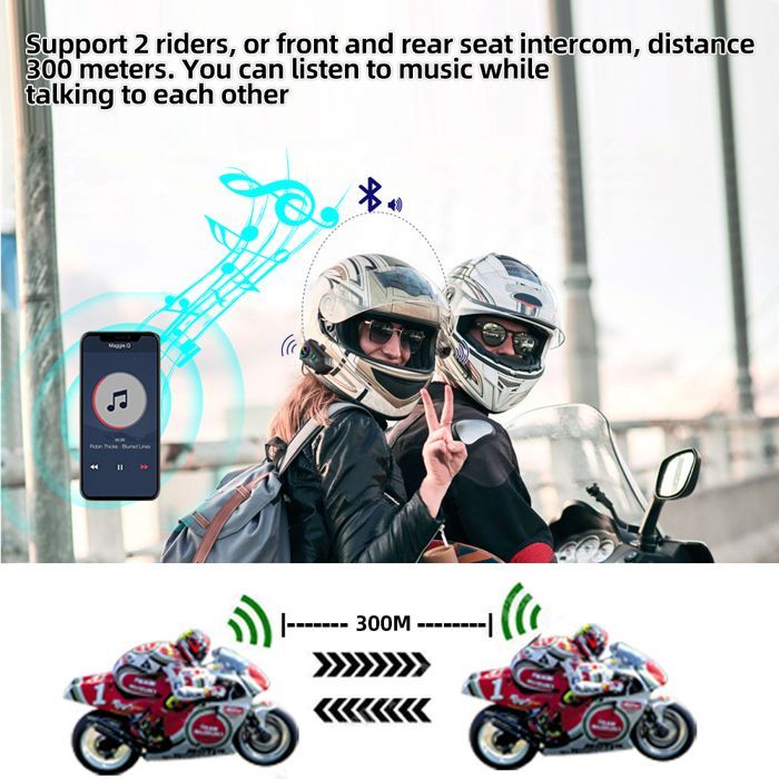 Interfono per moto, altoparlanti per casco da moto, lunga durata della batteria, IPX6, risposta/chiamata automatica, controllo della musica, 300 m