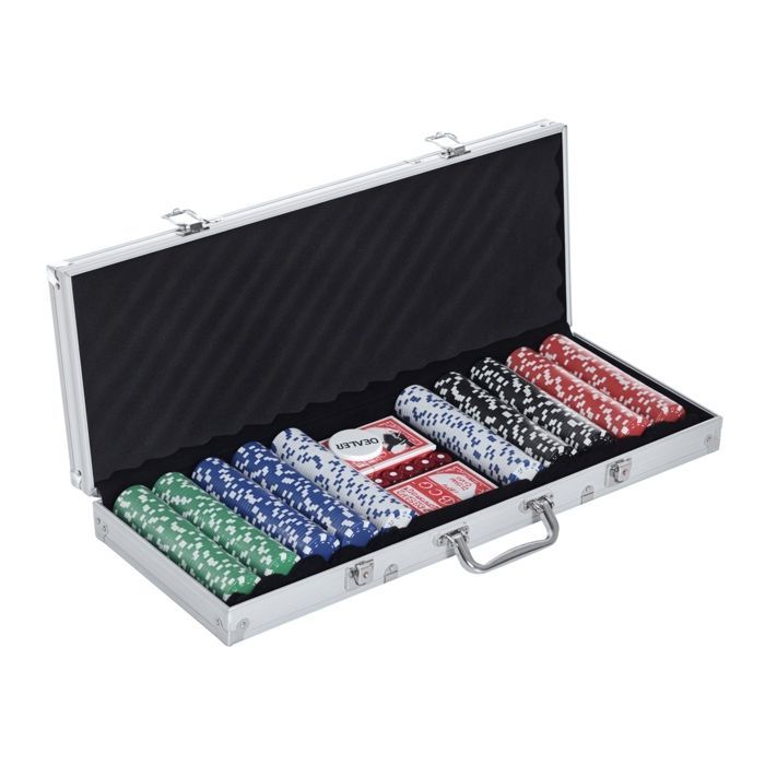 Mallette de poker coffret complet - HOMCOM - 500 jetons 2 jeux de cartes 5 dés bouton dealer 2 clés - aluminium - argent
