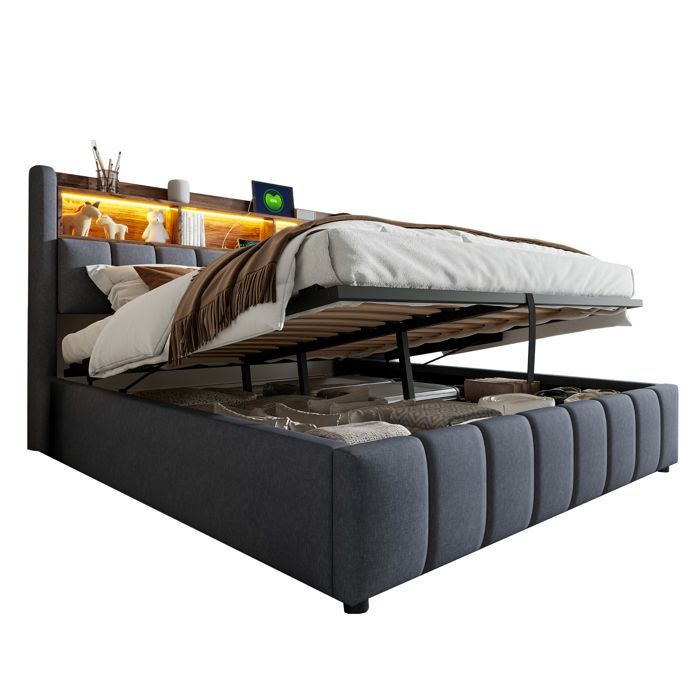 180x200 cm storage bed in grey linen fabric with headboard featuring shelves, multicoloured LED lighting and USB/Type-C ports, hydraulic mechanism