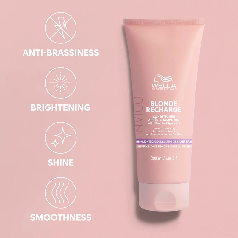 Wella Professionals Invigo Blonde Recharge violets kondicionieris, kas neitralizē dzeltenos toņus.