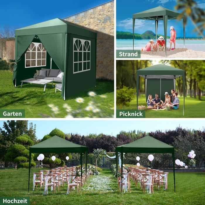 Cenador plegable de jardín de 2x2 m, carpa impermeable para fiestas con 4 lados, revestimiento protector plateado, protección UV.