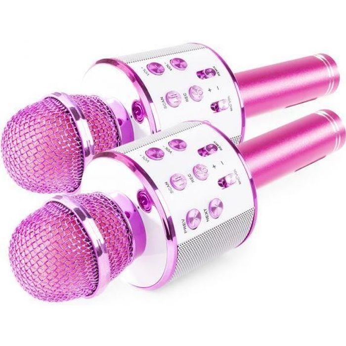 MAX KM01 trådløse Bluetooth-karaokemikrofoner – sett med to mikrofoner og innebygd høyttaler – rosa