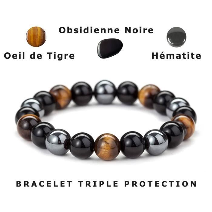 Bracelet - Triple Protection - Tiger's Eye - Hematite - Black Obsidian - 18 cm