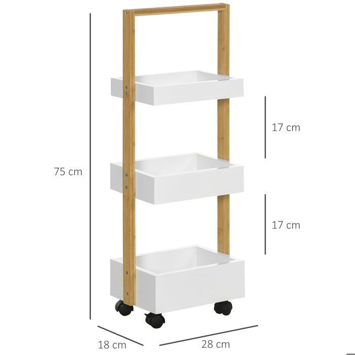 Carrito de almacenamiento - HOMCOM - Carrito de servicio rodante de 3 niveles para baño o cocina - Madera de bambú - 28x18x75cm - Blanco