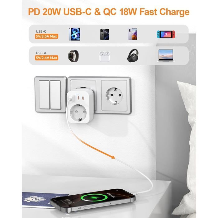 Kit mundial de adaptadores de viaje, adaptador de enchufe internacional con USB-C (PD 20W), 8 enchufes de viaje extraíbles