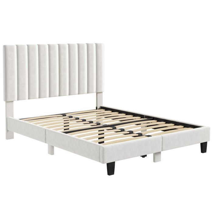 Cama HavenlyHome de 160x200 cm, tapizada en terciopelo con cabecero y somier de láminas, para dos personas, color beige.