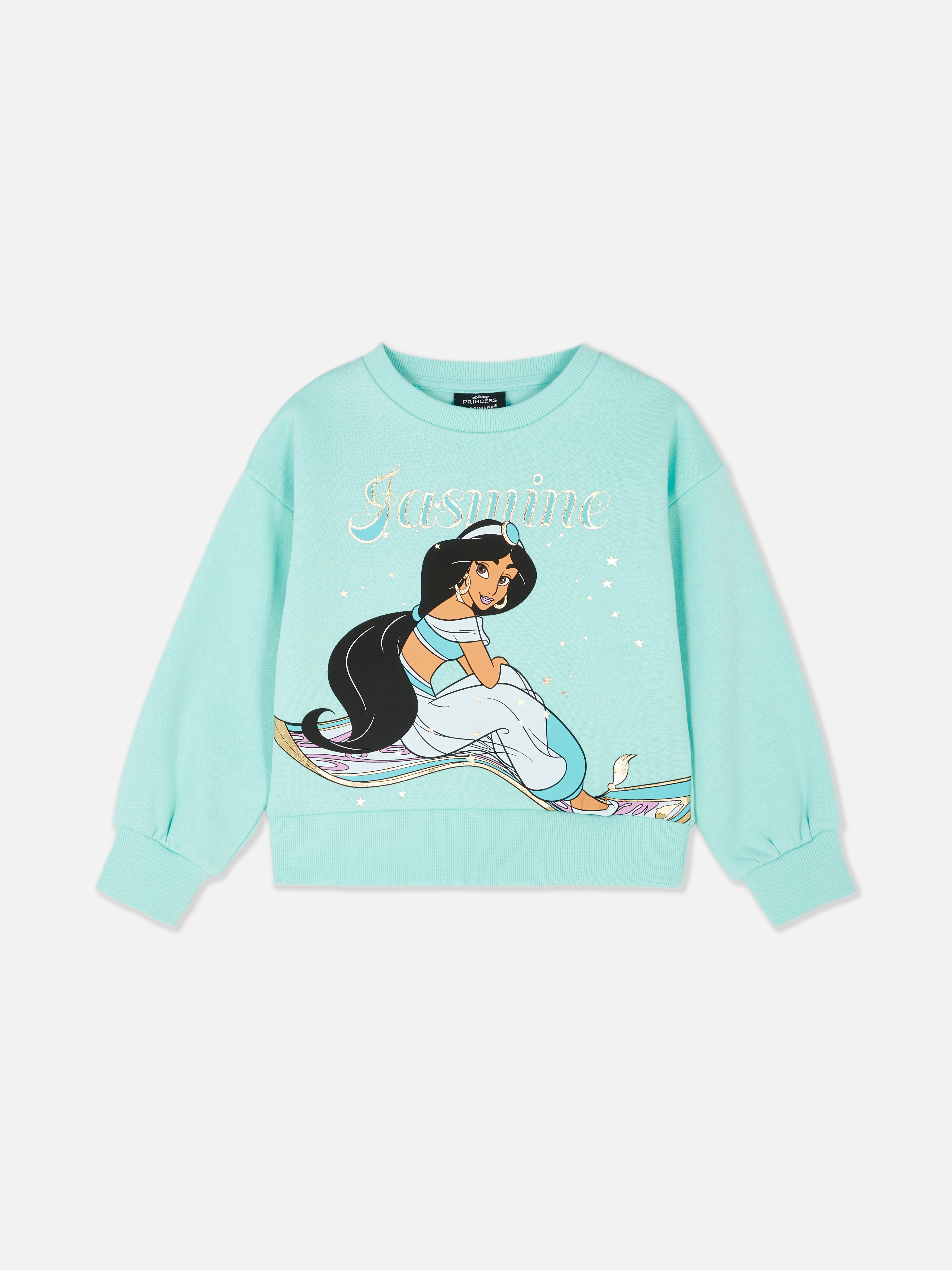 Hanorac cu imprimeu prințesa Jasmine de la Disney. Un hanorac cu umeri căzuți, manșete cu nervuri și imprimeu cu iasomie.