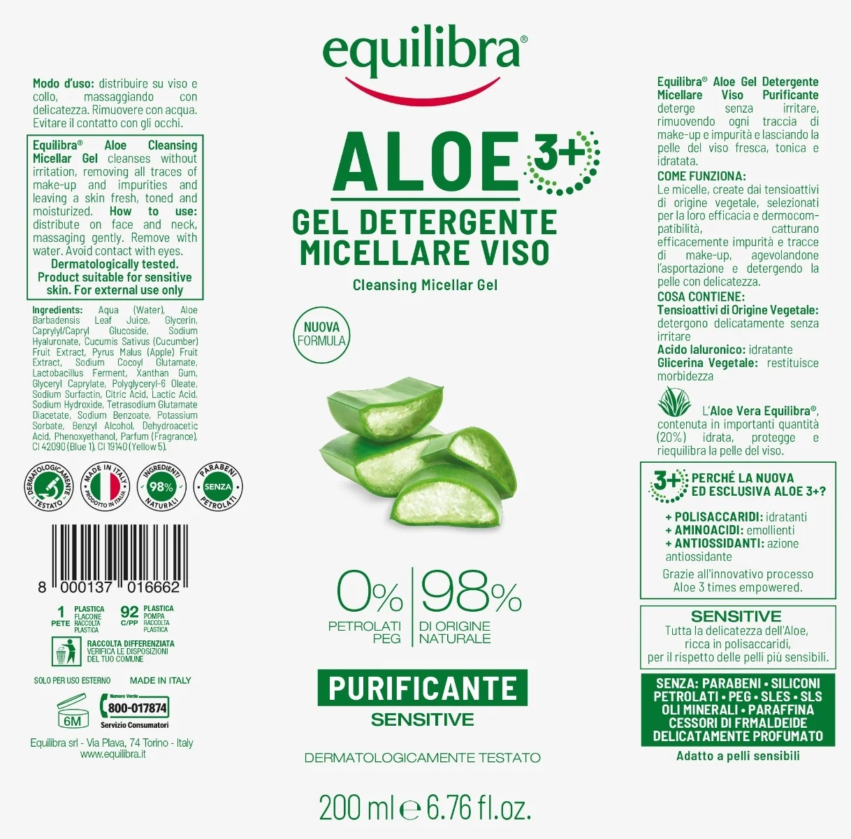 Equilibra Equilibra Aloë Micellaire Reinigingsgel voor het Gezicht 200 ml Dagelijkse reiniging Gevoelige huid