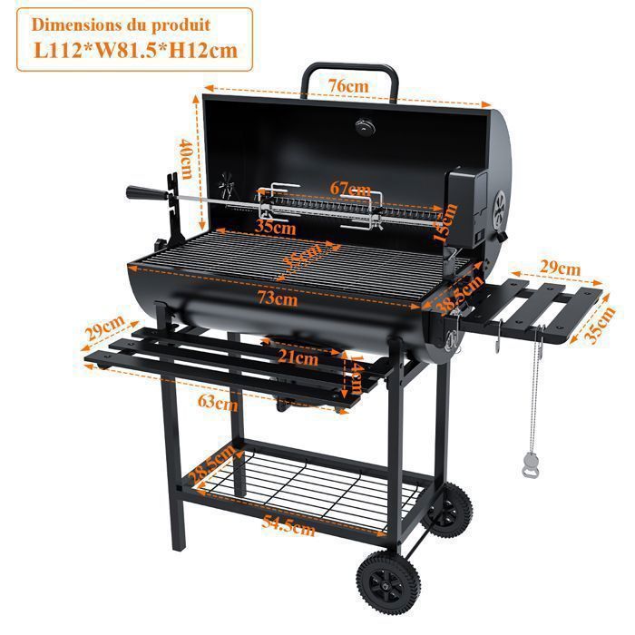 Charcoal Barbecue with Cooking and Warming Rack - Barbecue with Thermometer, Electric Rotisserie, 2 Folding Side Shelves