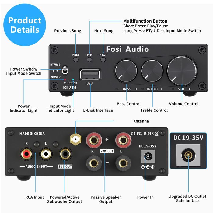 Amplificador de audio HiFi - RNCYN - BL20C - 32V - Reproductor de U-Disk - Receptor 2.1 - Clase D - Negro - Metal
