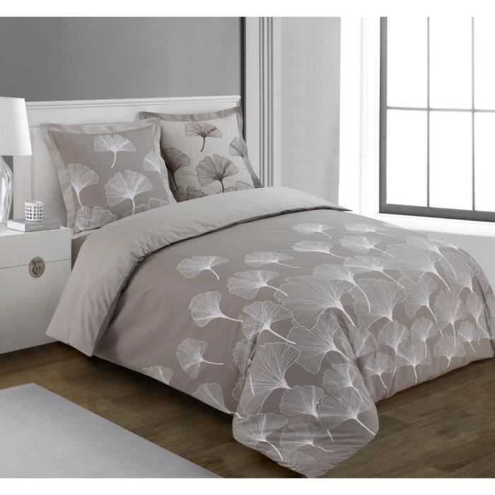 Juego de funda nórdica reversible VISION GINKO - 100 % algodón - 1 funda nórdica de 260 x 240 cm + 2 fundas de almohada de 65 x 65 cm - Beige