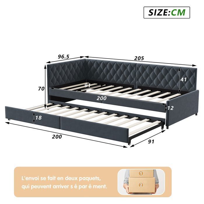 Divano letto Click-Clack 90x200 cm - Estensibile 180x200 cm - Velluto grigio - Struttura in metallo e doghe in legno - Motivo a rombi trapuntato
