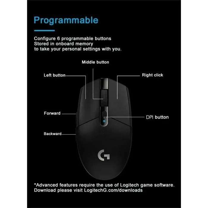 Mouse gamer sem fio Logitech G304, leve, com sensor Hero 12K, 12.000 DPI, 6 botões programáveis, compatível com PC e macOS, preto.