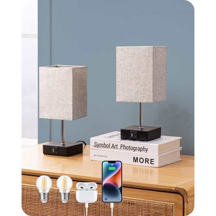 Juego de 2 lámparas de mesa táctiles EDISHINE, puertos USB-A y USB-C, bombilla LED regulable E27 incluida, pantalla beige.
