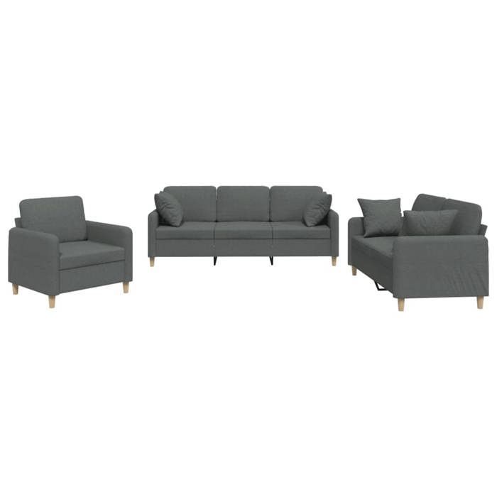 Juego de sofás de 3 piezas vidaXL con cojines, tela gris oscuro 3202071