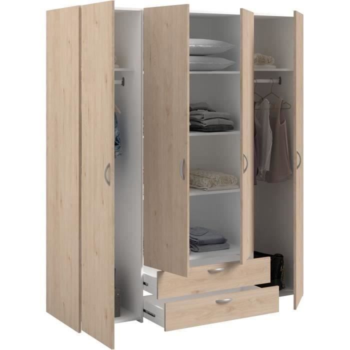 Armario de dormitorio VARIA - Acabado en roble - 4 puertas batientes + 2 cajones - Ancho 159,9 cm x Profundidad 51,3 cm x Alto 185 cm