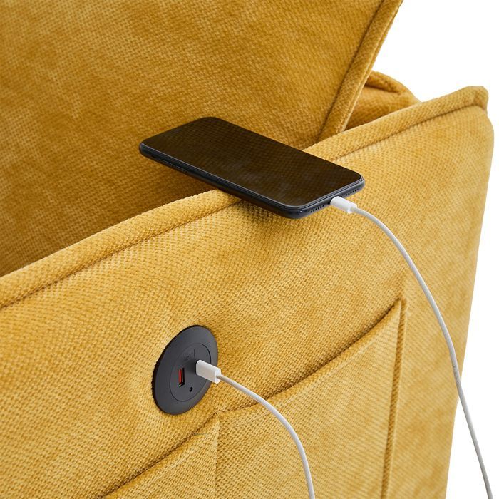 Modern 2-seater sofa, armchair with storage and phone holder for living room or bedroom, yellow