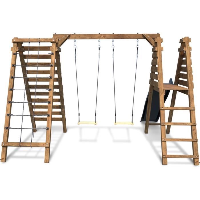 Aire de jeux en bois - SOULET - ISIS - 2 agrès, toboggan, filet et mur d'escalade