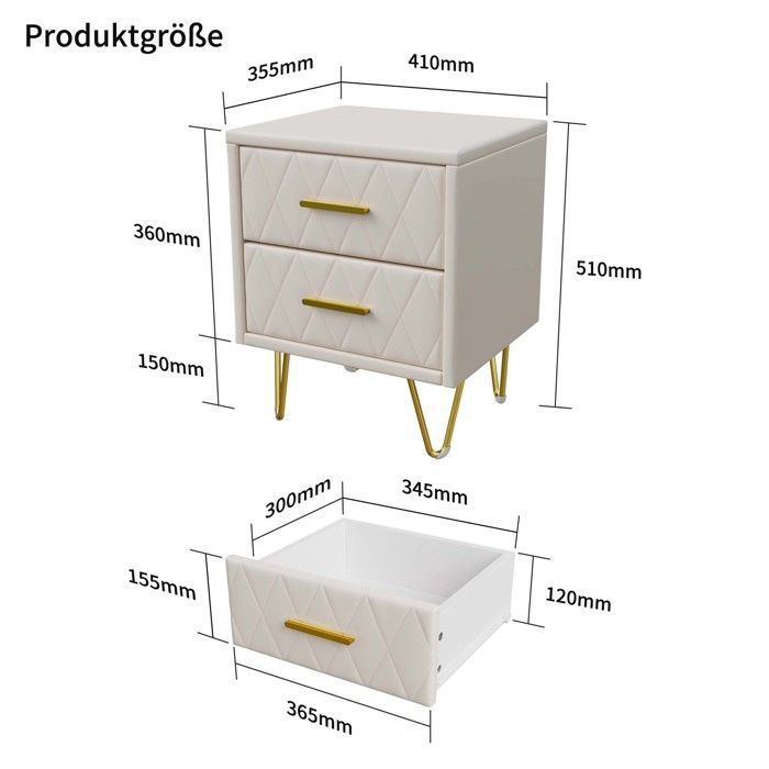 2er-Set Nachttische, Nachttisch mit 2 Schubladen, Nachttisch mit Metallbeinen, 35,5 x 41 x 51 cm, PU, Weiß